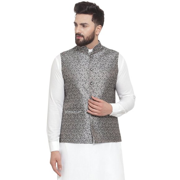 Sleeveless Traditional Brocade Silk Fabric Grey Black Nehru Jacket by Treemoda - Picture 1 of 5